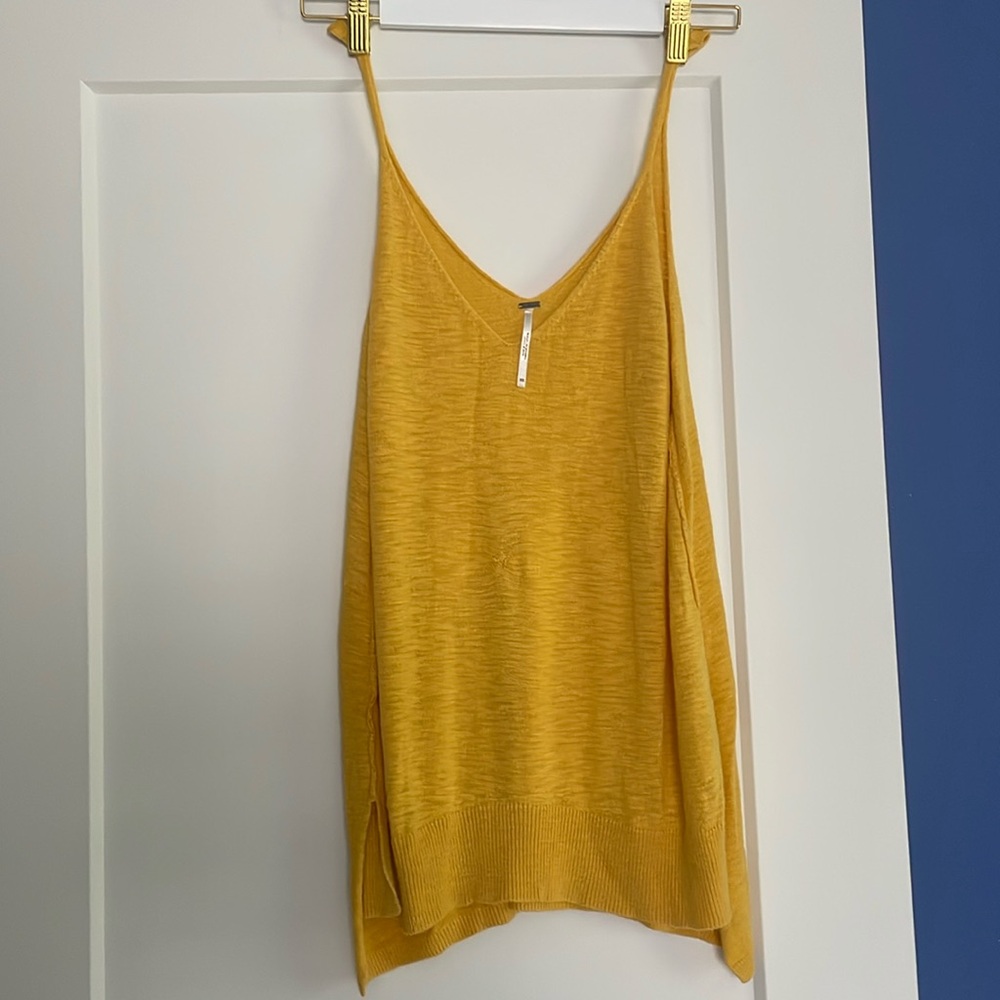 Free People Beach Gold yellow knit tank high low deep V neck spaghetti straps